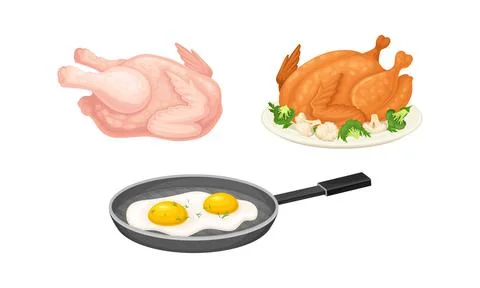 Eggs, raw and fried chicken vector illustration on white background Stock Illustration