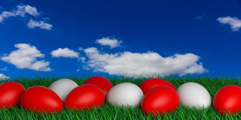 Eggs red white colors easter Grass banner sky background 스톡 일러스트