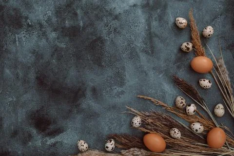 Eggs with reeds branches on dark. Flat lay, Top view. Easter composition Foto stock
