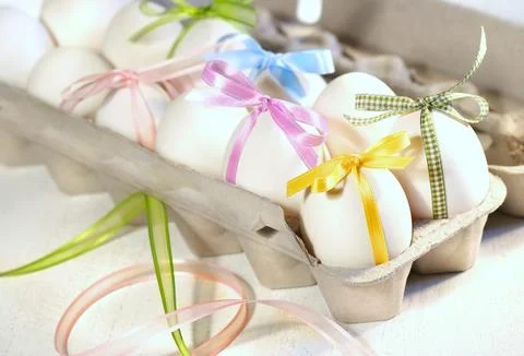 Eggs with ribbons ready for Easter Stock Photos