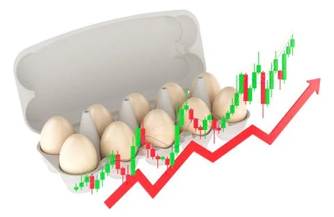Eggs with rising stock chart and arrow for price increase. 3D rendering Illustrazione stock