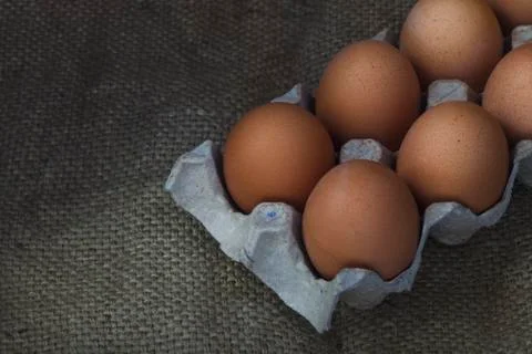 Eggs on sackcloth background Foto stock