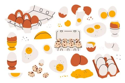 Eggs set. Chicken quail egg products, whole and broken eggshell with yolk Stock Illustration