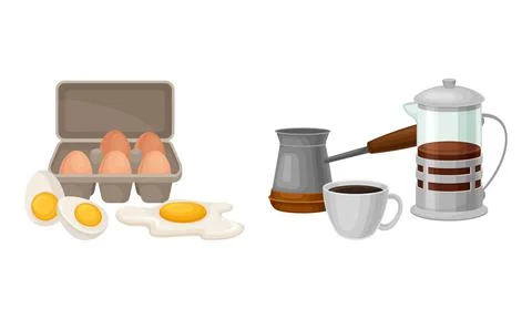 Eggs in Shell and Boiled with Brewed Coffee Drink in French Press and Jezve Stock-Illustration