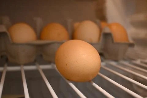 Eggs stored in refrigerator close-up kitchen food storage Stockfoto's