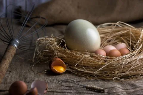 Eggs on straw, big and small eggbeaters on sackloth background. in nest, bi.. Foto stock