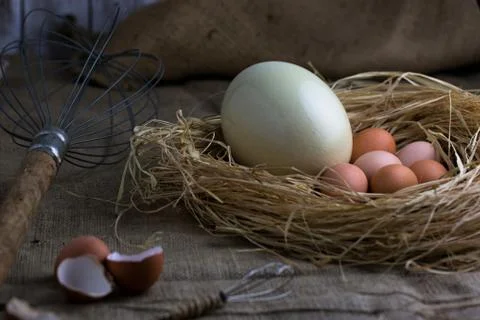 Eggs on straw, big and small eggbeaters on sackloth background. in nest, bi.. Stock Photos