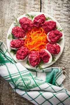 Eggs stuffed with beetroot Stock-Fotos