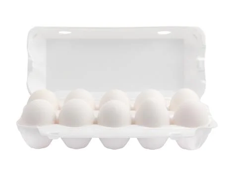 Eggs in Styrofoam packaging isolated on white background Stock Photos