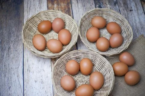 Eggs in three wicker baskets 写真素材