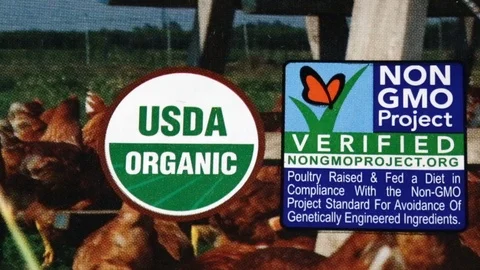 Eggs with USDA Organic and Non-GMO Label Packaging Stock Footage 101121748