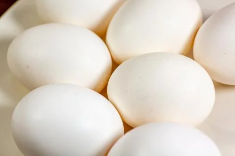 Eggs on a while plate sitting on the kitchen table waiting to be cracked Stock Photos