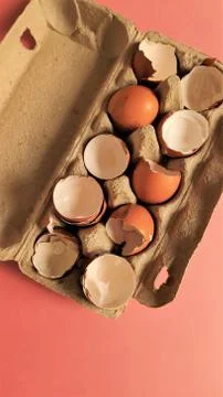 Eggshell halves in recycled cardboard packaging on a pink background. Broken Stock Photos