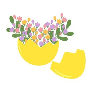 Eggshell part with floral bouquet inside in trendy soft hues. Spring or Easter 스톡 일러스트