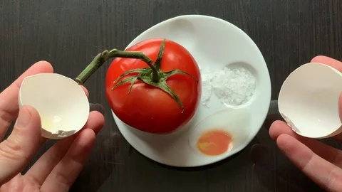 From eggshell tomato is born on a dark background with hands Stock Footage 103362579