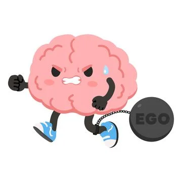 Ego concept shown as angry brain character chained to heavy ball weight Stock Illustration