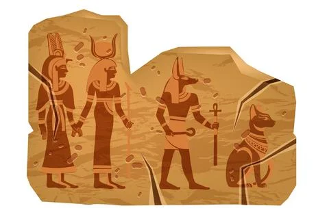 Egypt ancient vector pyramid stone, cracked old boulder tile, gods outline Illustrazione stock