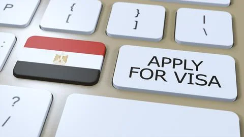 Egypt, Apply for Visa Concept. Button Push 3D Illustration. Visa Apply for Illustrazione stock