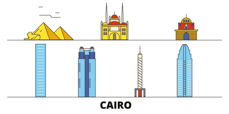 Egypt, Cairo flat landmarks vector illustration. Egypt, Cairo line city with Illustrazione stock
