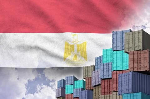 Egypt flag and big stack of shipping cargo containers in docks with sky Stock Illustration