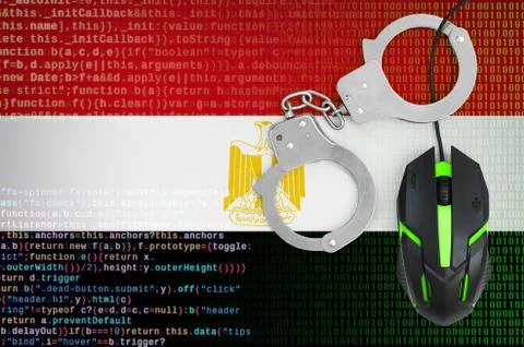 Egypt flag  and handcuffed computer mouse. Combating computer crime, hackers  Stock-Fotos