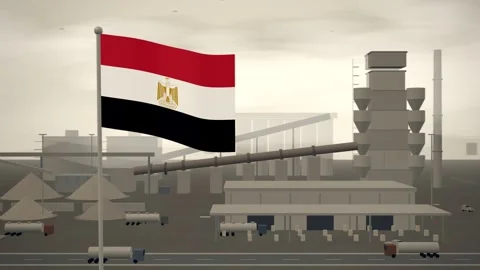 Egypt Flag Flying Over Cement Works Rotary Kiln seamless loop Stock Footage 345138240
