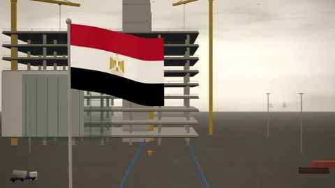 Egypt Flag Flying Over Construction Site Tower Cranes seamless loop Stock Footage 345138837
