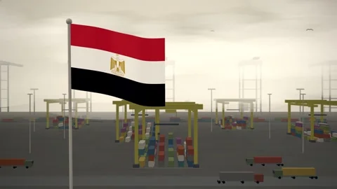 Egypt Flag Flying Over Container Terminal Stacking Yard seamless loop Stock-Footage 345138726