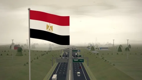 Egypt Flag Flying Over Interstate Highway Rural Traffic seamless loop Видео 345138815