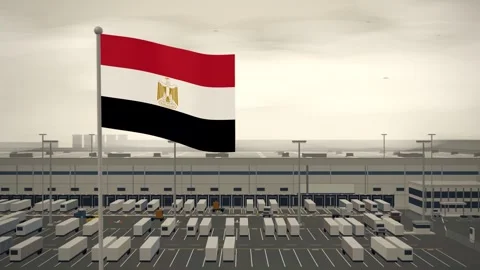 Egypt Flag Flying Over Logistics Warehouse Distribution Centre seamless loop Stock Footage 345138770
