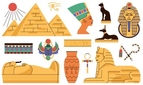 Egypt flat elements, sculpture and egyptian building pyramids. Oasis landmark Ilustración de archivo