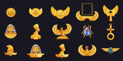 Egypt frames. Pharaoh game. Gold Egyptian UI slots. Old emerald ornament. Gol Stock Illustration