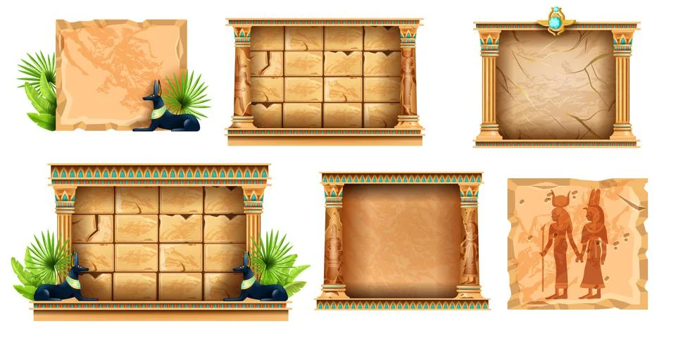 Egypt game frame UI vector set, stone sign board, brick Egyptian temple wall Stockillustratie