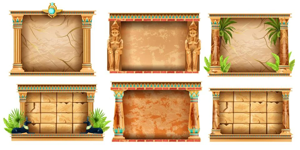 Egypt game frame vector set, stone ancient UI background kit イラスト素材