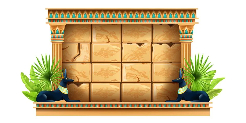 Egypt game UI frame, vector stone panel screen, Anubis statue, palm leaf Stock Illustration