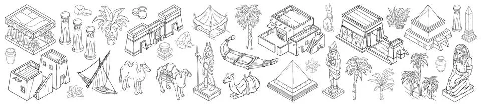 Egypt isometric map object set, vector hand drawn ancient architecture Stock Illustration