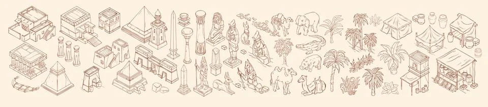 Egypt isometric map set, vector hand drawn line object ancient architecture Stock Illustration