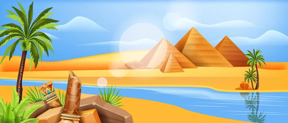 Egypt landscape ancient vector pharaoh pyramid, African sand dune background Stock Illustration