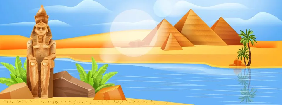 Egypt landscape ancient vector pharaoh pyramid, Nile river palm tree Stock Illustration