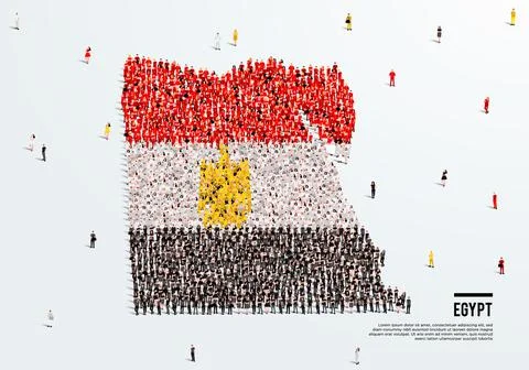 Egypt Map and Flag. A large group of people in the Egyptian flag color. Stock Illustration