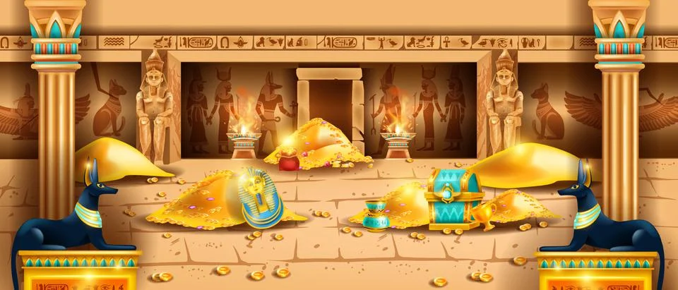 Egypt pharaoh treasure background, vector game ancient temple tomb interior Ilustración de archivo