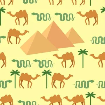 Egypt. Seamless pattern Characters of Egypt: pyramids and camels. Palm and sn Stock Illustration
