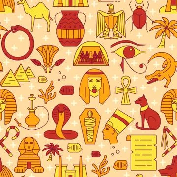 Egypt seamless pattern in colored line style Stock Illustration