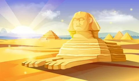 Egypt sphinx background. Desert with sphinx and pyramids. History and Stock Illustration