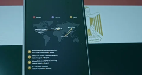 Egypt targeted by cyber attacks, live cyber attacks map and Egypt flag on Stock Footage 310845254