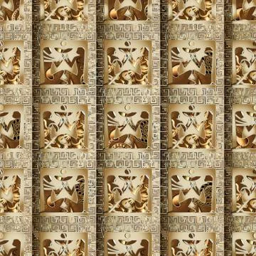 Egyptian 3d seamless pattern. African ethnic golden check background. Tribal  Illustrazione stock