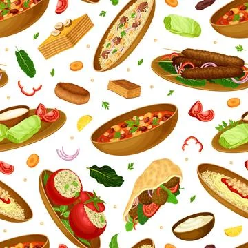 Egyptian Dish Seamless Pattern Design with Traditional Cooked Food on Plate Stock Illustration