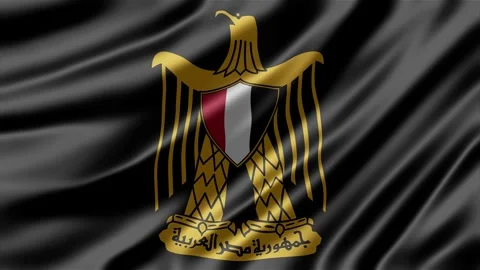 Egyptian emblem featuring eagle of Saladin on flowing black satin fabric Stockbeeldmateriaal 343833052