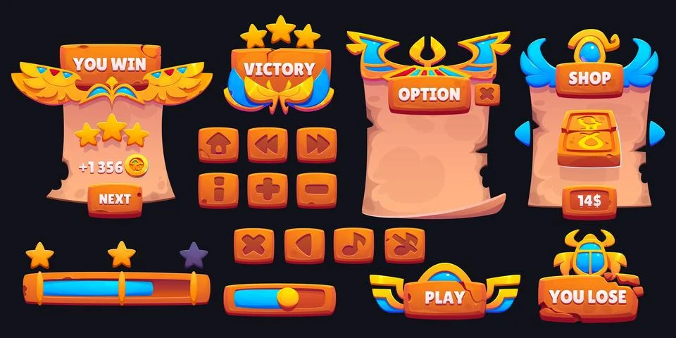 Egyptian game user interface elements and buttons. Stock Illustration