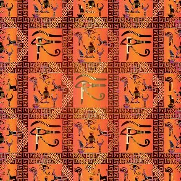 Egyptian hieroglyphs seamless vector  pattern. African ethnic orange check ba Stock Illustration